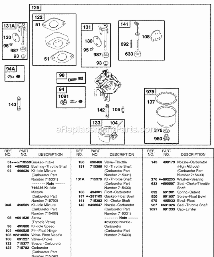 Carburetor Diagram and Parts List for 235432-0290-E9  Briggs and Stratton Engine